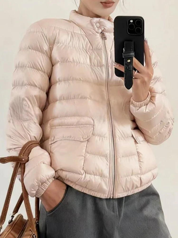 

Утепленная короткая розовая куртка из хлопка для женщин: модное зимнее пальто с воротником-стойкой в корейском стиле для повседневной носки