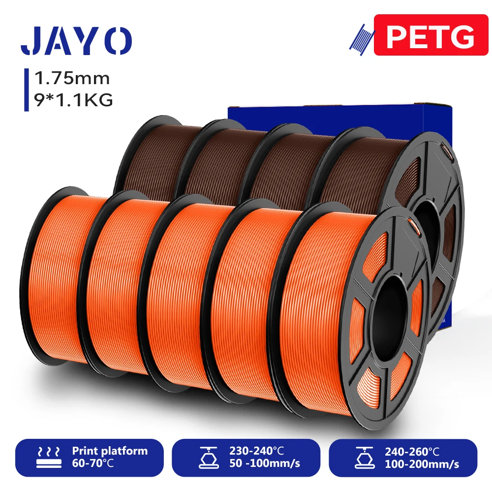 JAYO 9 Rollen 3D PETG/PETG Klares Druckerfilament 1,75 mm ±0,02 mm Hohe Zähigkeit & 100 % ordentlich gewickeltes Filament, passend für 99 % der 3D-FDM-Drucker