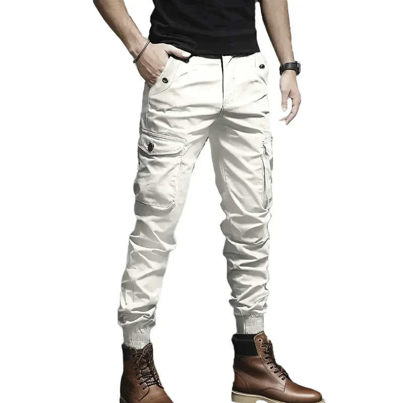 2026 New Men White Cargo Jogger Pants Multi Flap Pockets Elastic Ankle Cuff Casual Streetwear Trousers
