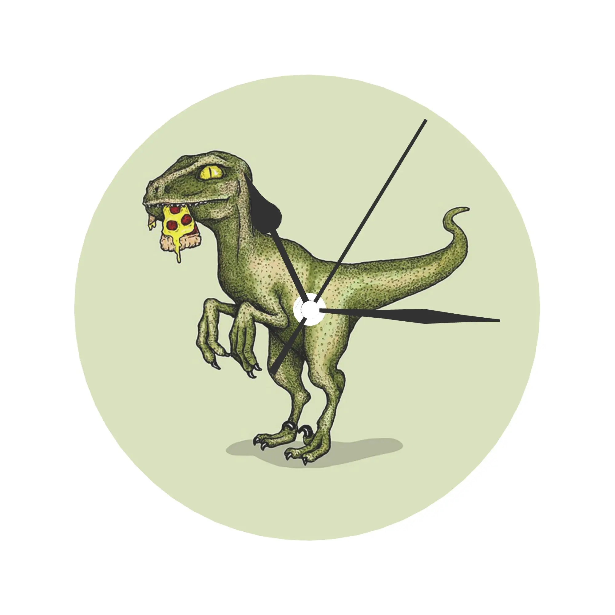 Raptor dinosaur eating pizza slice Wall Clock Room Decoration Silent Round Clock for Bedroom Living Kitchen Home
