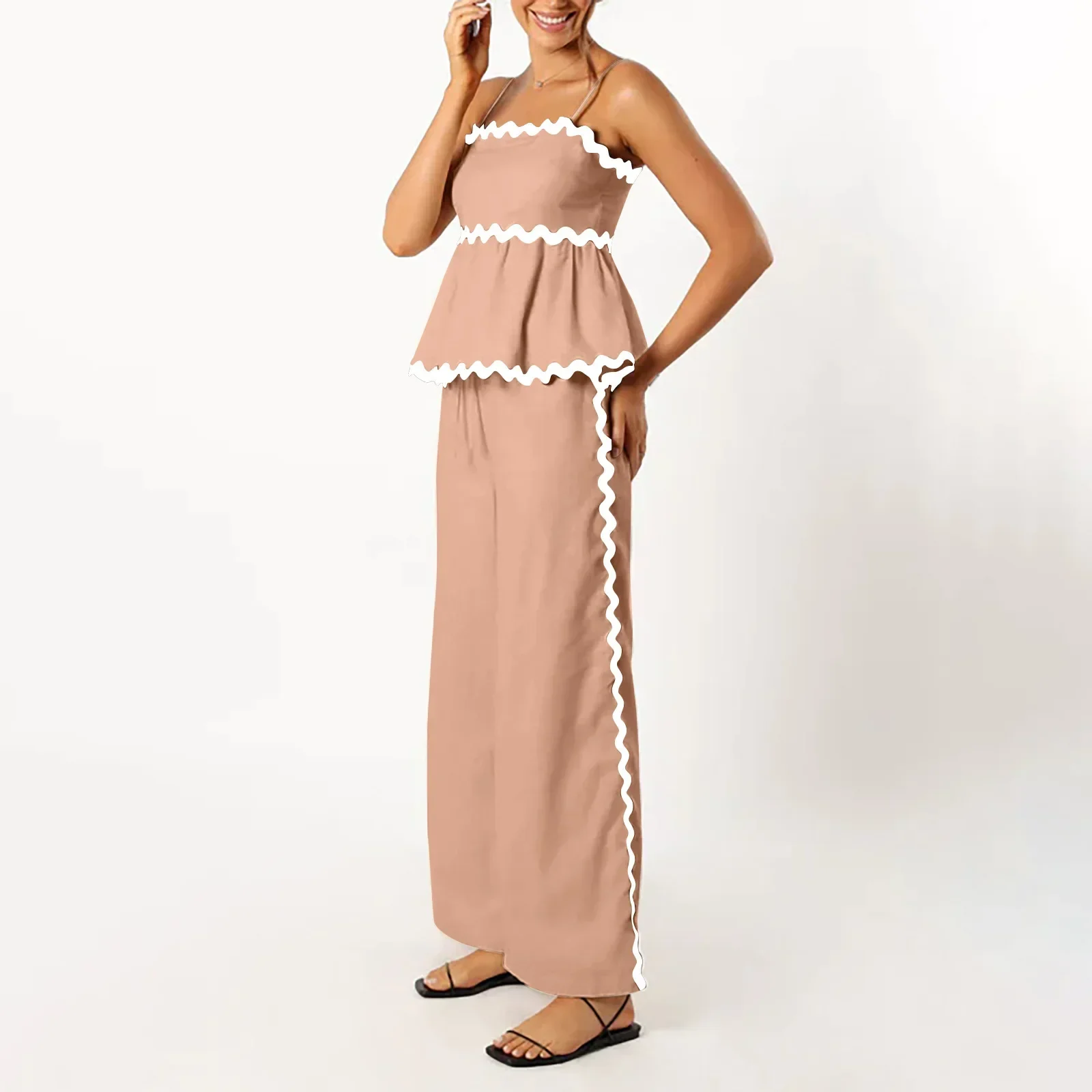 Ruffle Sling Top Two Piece Set Women Elegant Stripe Sleeveless Tops Wide Leg Pants Female Suit Summer High Waist Pants Suits Y2k