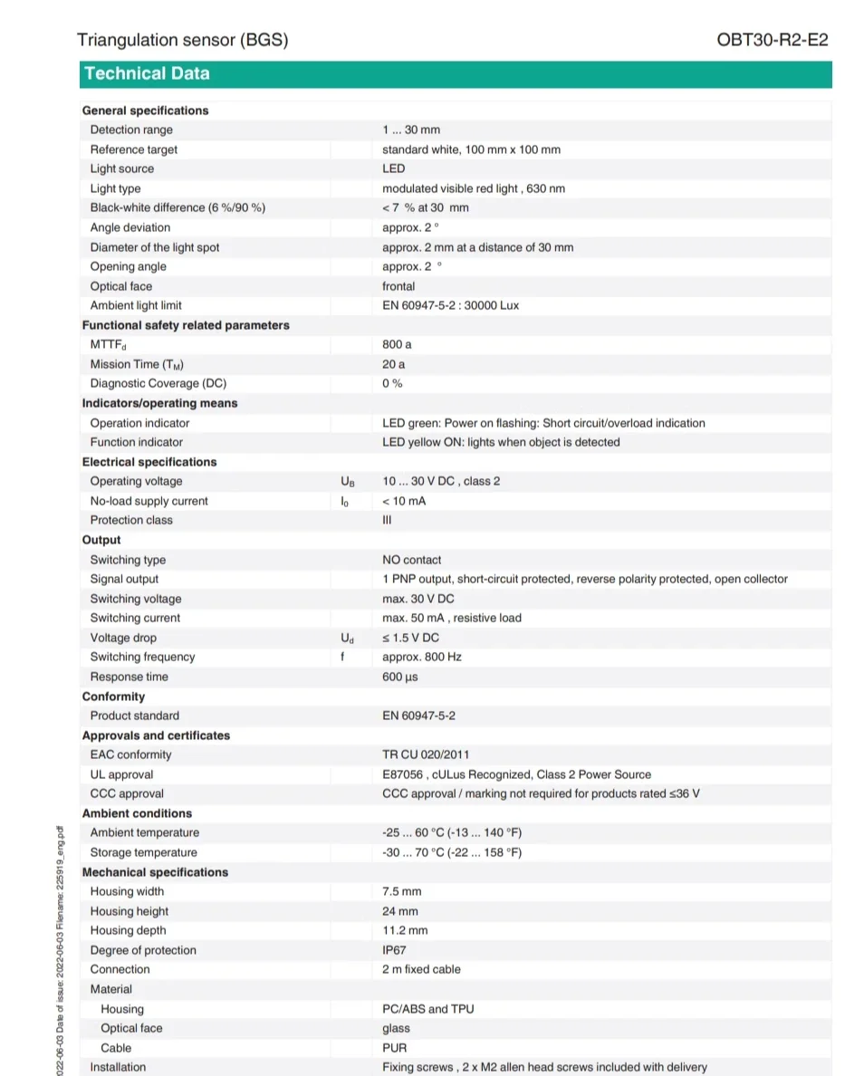 Sensor de medición triangular con función de supresión de fondo original ( 225919 ) OBT30-R2-E2