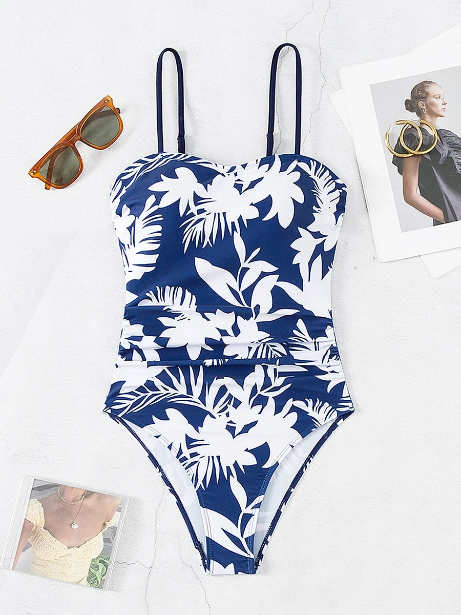 2024 Bandeau Swimsuit One Piece Printed Swimwear Female Backless Monokini Women Bathers Bathing Swimming Swim Suit Beachwear