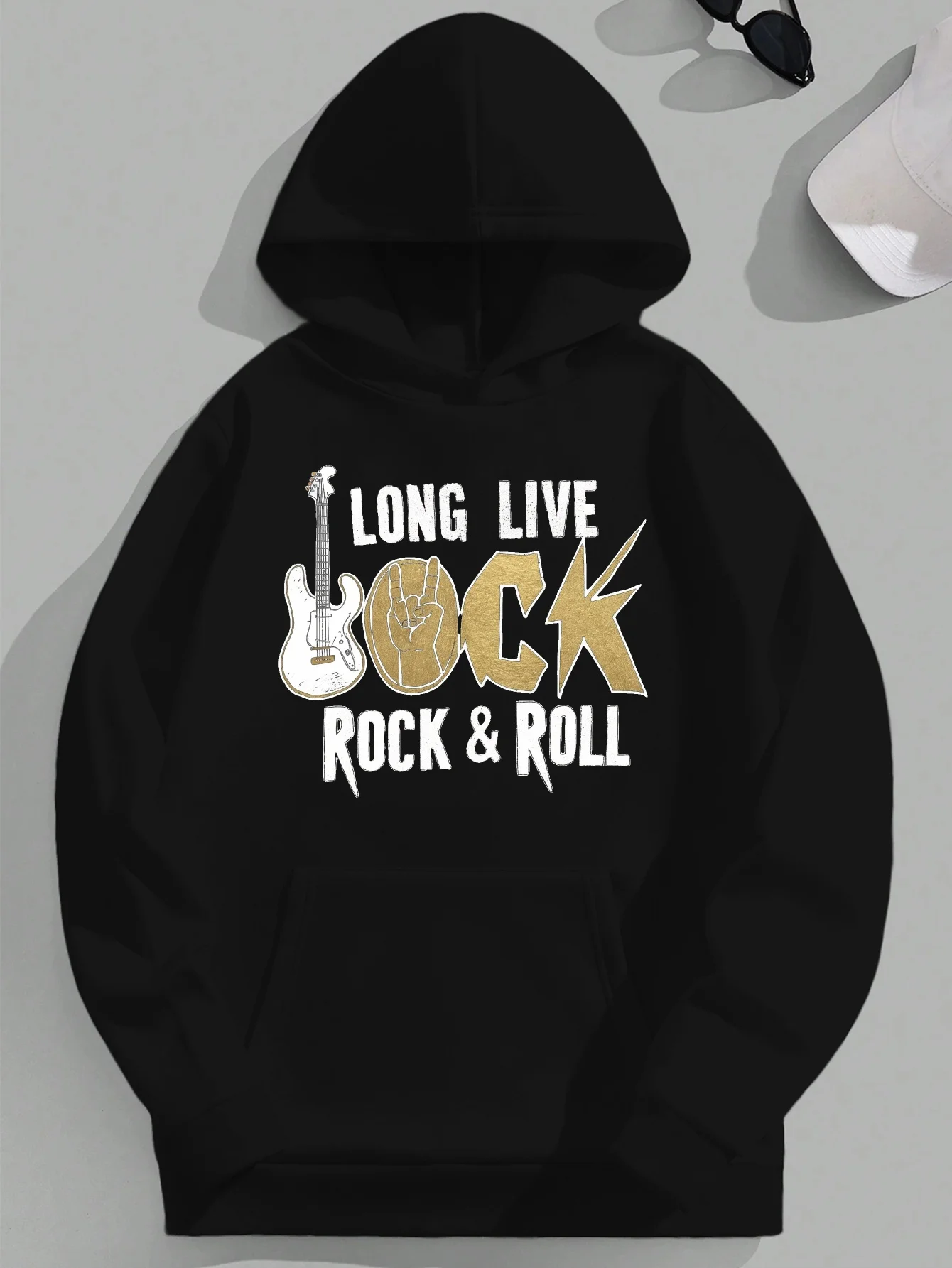 سويت شيرت رجالي بغطاء للرأس من Guitar مقاس كبير طويل لايف روك رول، بلوفر كاجوال أسود فضفاض مع طباعة جيتار كهربائي #1
