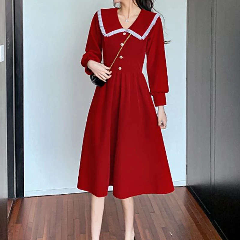 فساتين النساء بيتر بان طوق خمر النمط الفرنسي موضة Bodycon مزاجه الصلبة عادية العطاء الإناث الخريف جديد فساتين