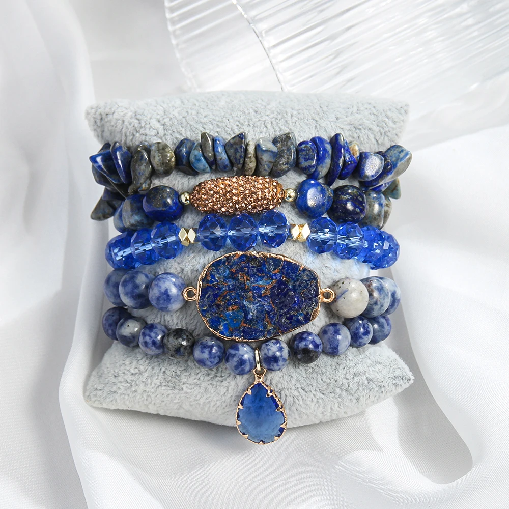 Summer New Fashion Bohemian Style Natural Stone Glass Beaded Elastic Bracelet Flat Emperor Stone Charm 5pcs Stacked Bracelet Set