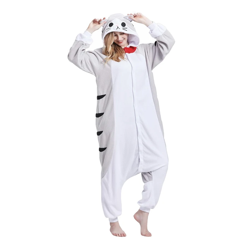 Piyama kucing lucu Onesies pria wanita, pakaian pesta bulu domba kartun Kigurumi pakaian tidur kucing Kitty Jumpsuit