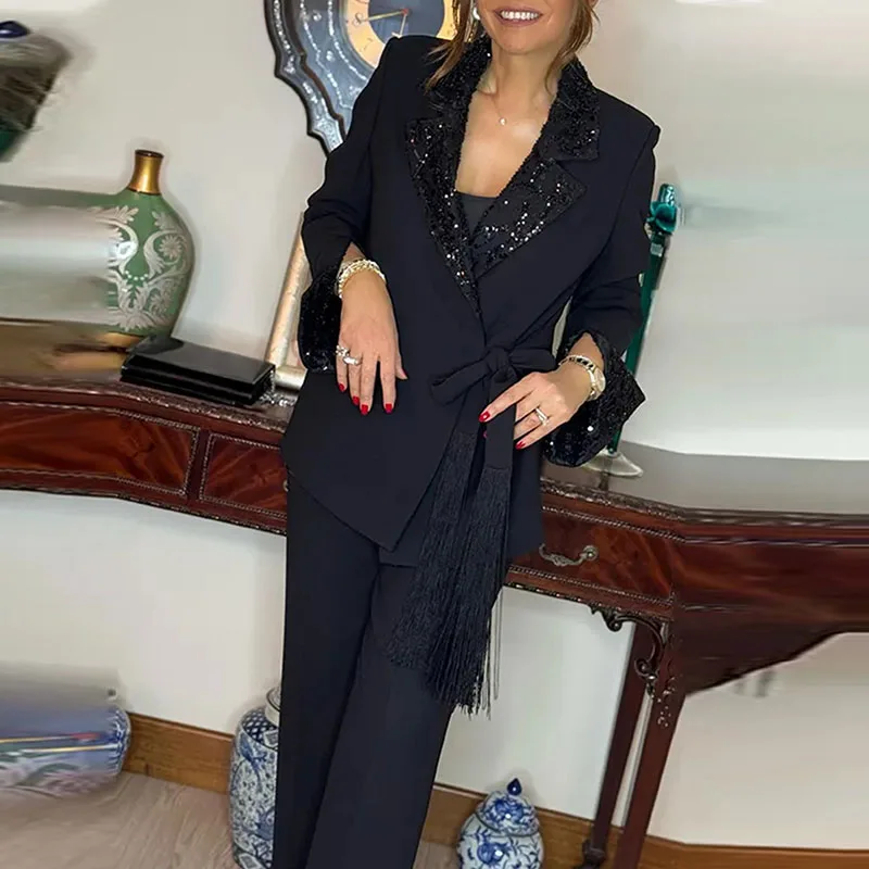 2025 Autumn Long Sleeved Blazer Jacket Suit Women's Simple Solid Color Casual Two Piece Set Office Temperament Long Pants Outfit