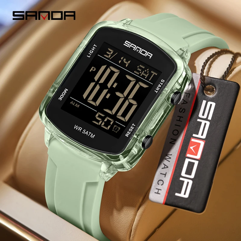 SANDA Fashion Transparent Case Men Electronic Watch Multifunctional 5Bar Waterproof LED Luminous Digital Students Sports Watch