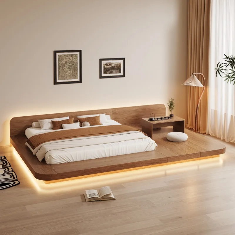 tatami suspended bed master bedroom rounded corner arc suspended platform bed with induction light strip solid wood bed