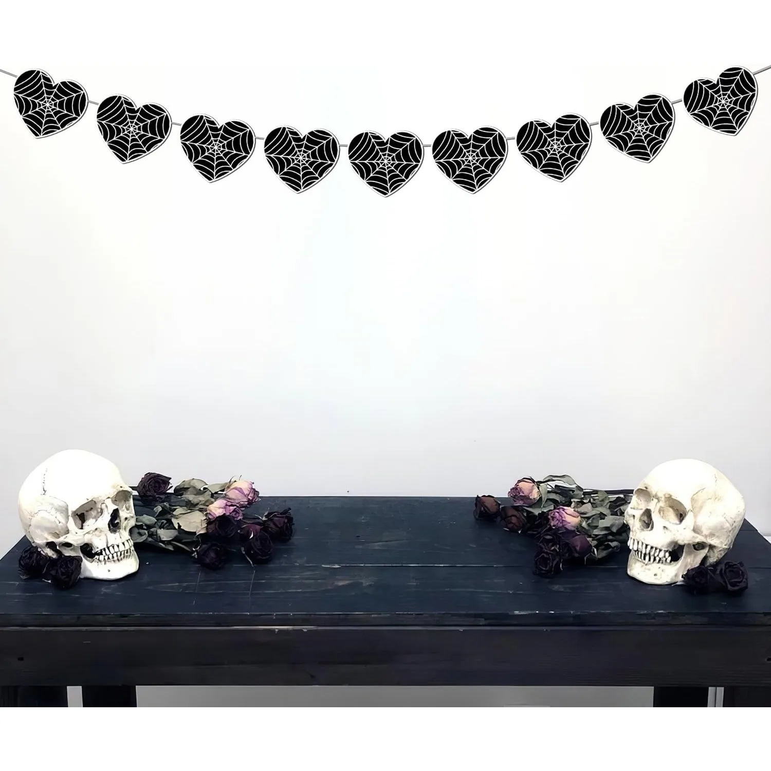 Funmemoir Gothic Black Heart Garland Banner Halloween Spider Web Decoration Spooky Birthday Party Bridal Shower Party Supplies