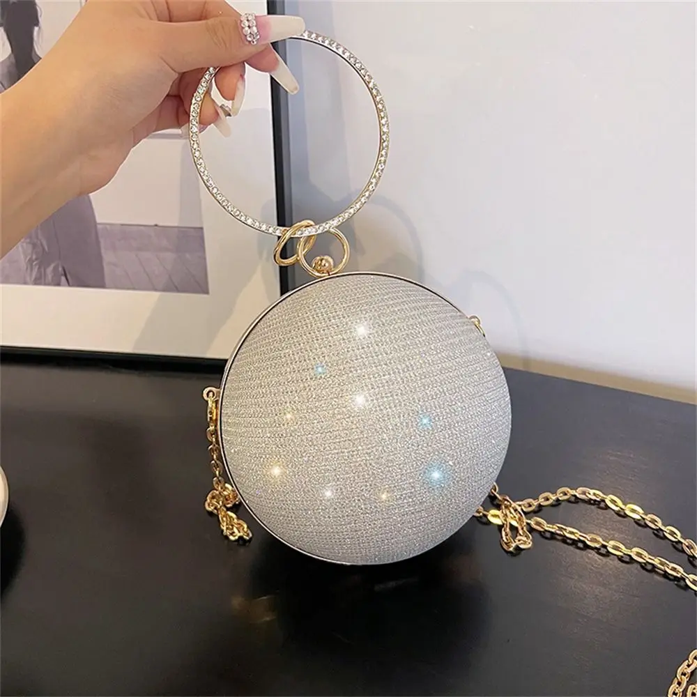 Fashion Women Elegant Bag Gold Bright Silk Circular Evening Bag Banquet Clutch Rhinestone Decorative Shoulder Bags Handbags