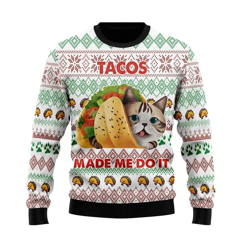 Funny Tacos Graphic Ugly Christmas Sweater Cute Cat Kids Holiday Xmas Sweatshirt Casual Mens Harajuku Pullovers Loose Tracksuit