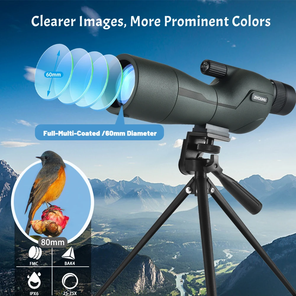

ZIYOUHU 25-75x60 Telescope Spotting Scope Powerful Zoomable FMC Monocular for Camping Bird Watching Stargazing Target Shotting