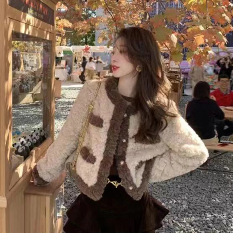 خمر المرقعة المحاصيل معاطف النساء فو الفراء كم طويل زر فضفاض سترة قصيرة عطر صغير كل مباراة س الرقبة بلايز عادية #2