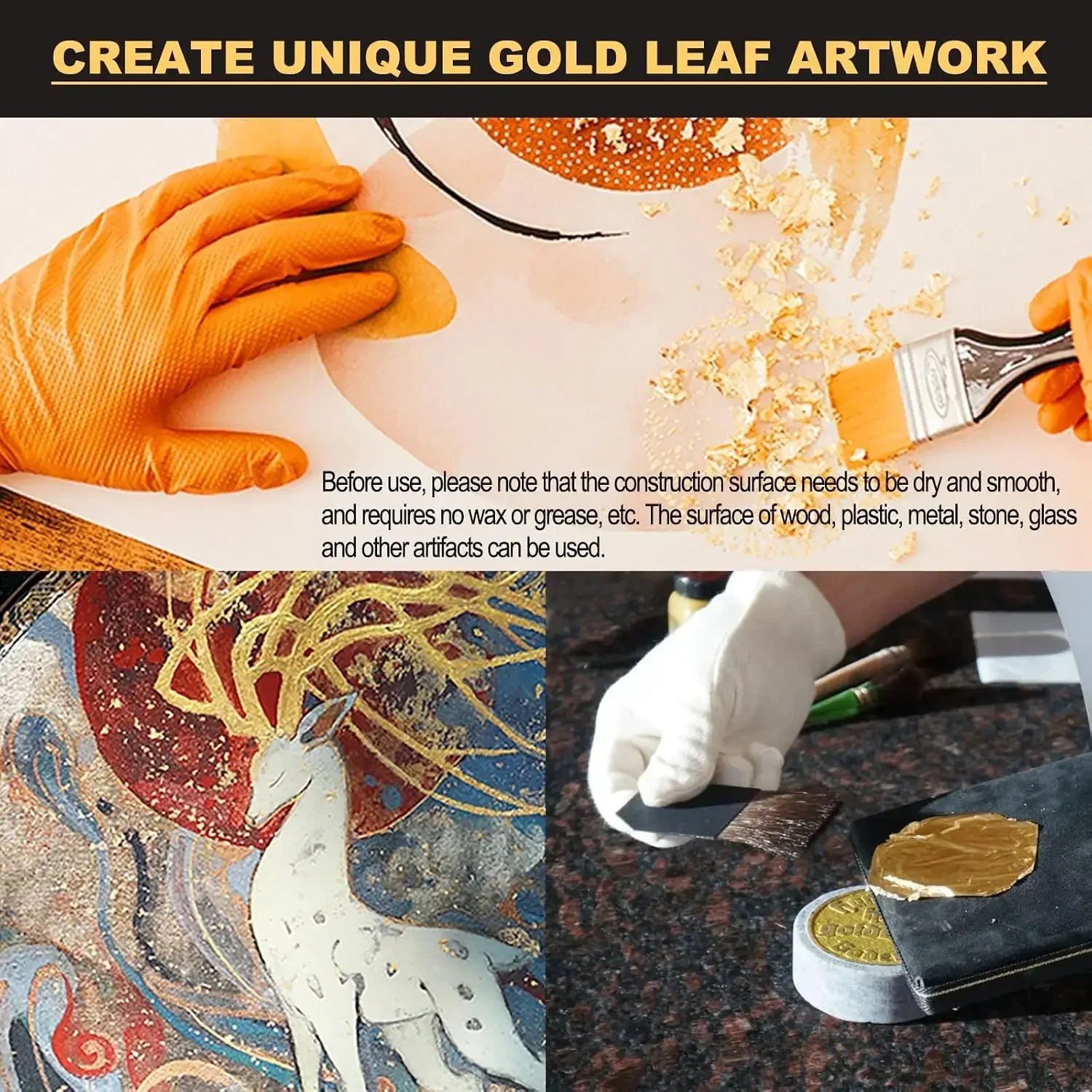 100 Stück Goldfolienblätter Vergoldungsset 60ml Wasserbasierter Klebstoff & Klarlack für DIY Möbel Holzkunst Handwerk Dekoration – Detail 5