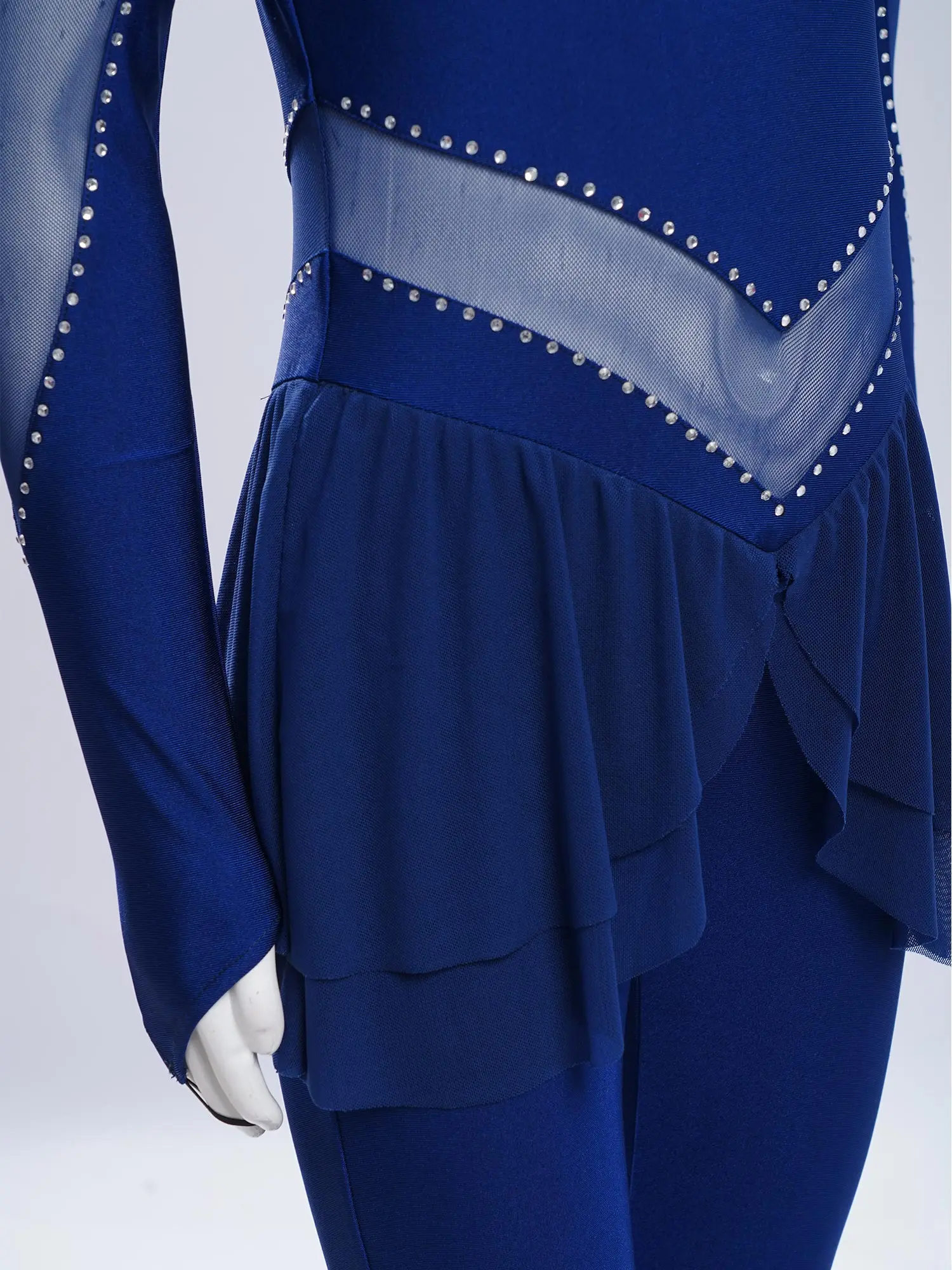 Ballet Gymnastics Jumpsuit Figure Ice Skating Performance Costume for Kids Girls Mock Neck Long Sleeve Sheer Mesh Rhinestone