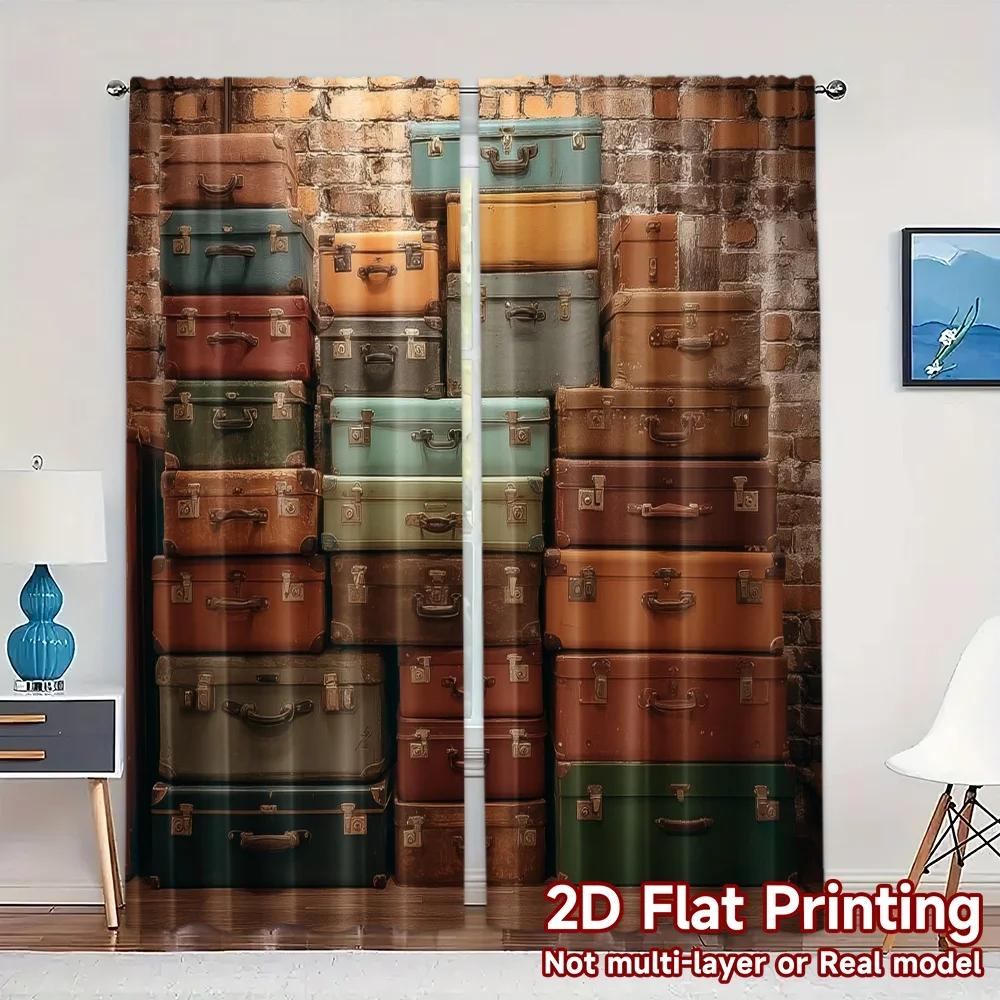 2pcs, 2D FLAT PRINTING Curtains (Without Rod) Vintage Luggage Wall(1) Chic Curtains Digital Printed Durable 100% Polyester