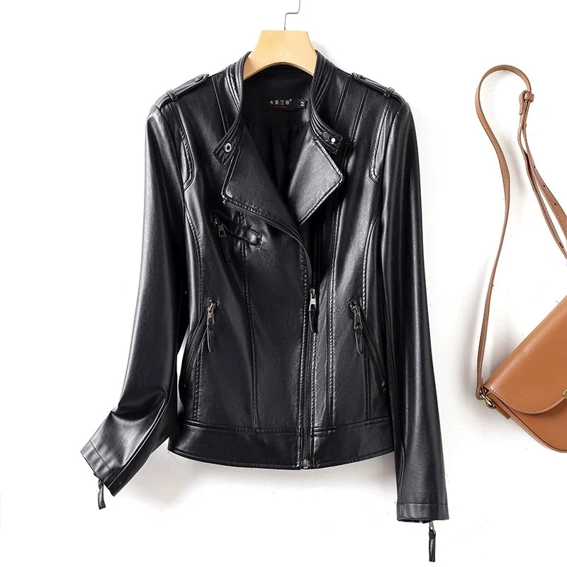 2025 Streetwear Leather Jacket Women's Short Coat Spring Autumn Zipper-up Stand-up Collar Slim PU Leather Moto Outerwear M-5XL