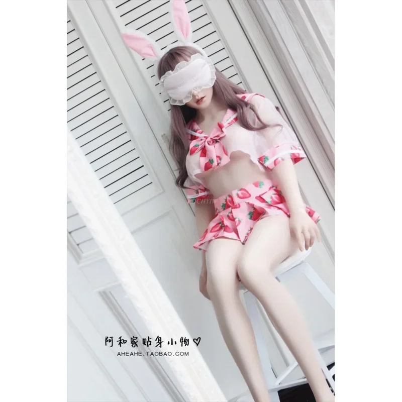 Anime Cute Sailor Dress Lolita Strawberry Printed Cosplay Costume School Girl Uniform Sexy Kawaii Lingerie Set Exotic Apparel