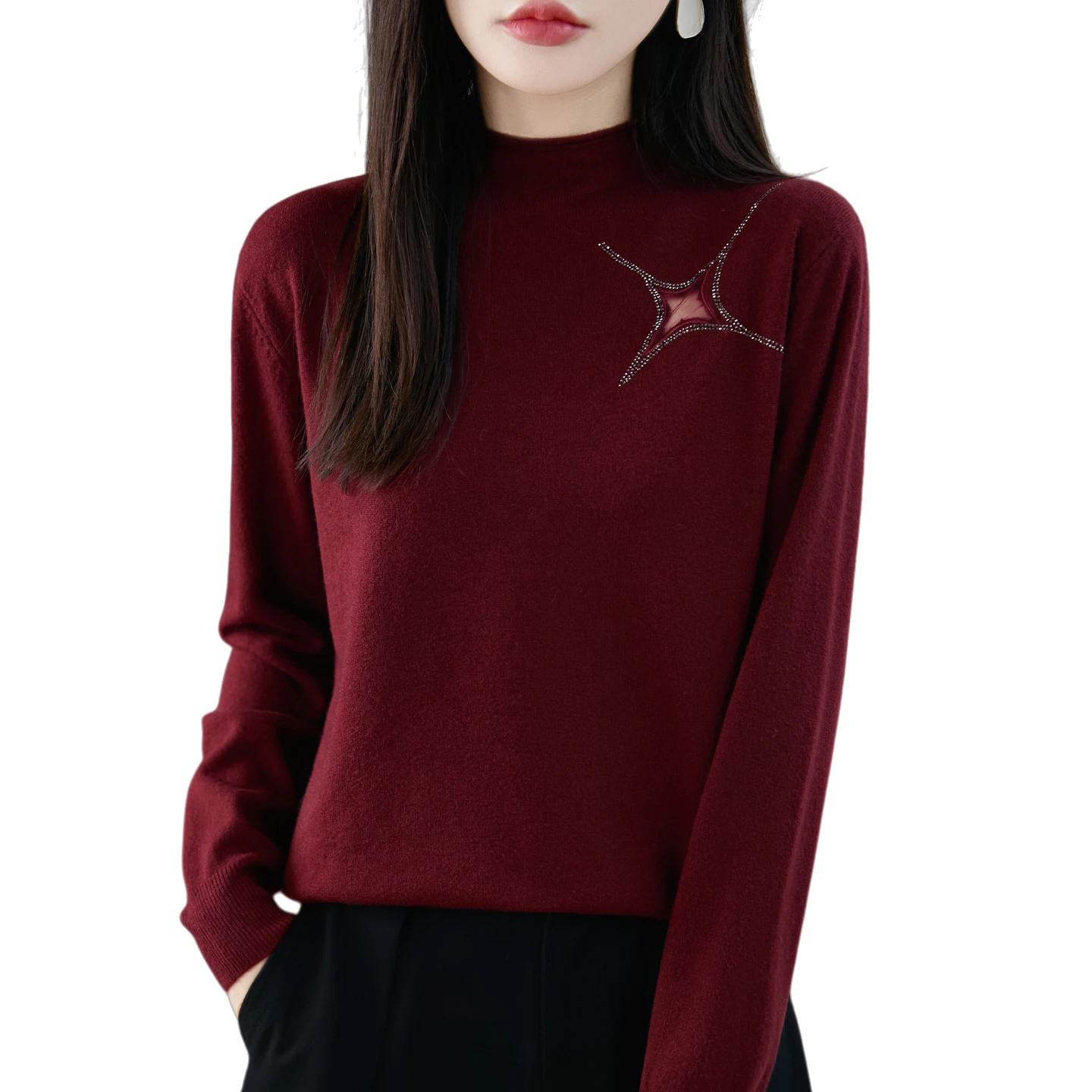 

New Model Loose Hollow Decoration Pullover Women Knitting Merino Wool blend Sweater Half height collar High quality Basic Tops