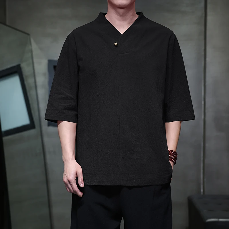 

Мужские рубашки в китайском стиле, однотонные льняные рубашки в стиле ретро Тан, удобные дышащие повседневные рубашки с короткими рукавами для мужчин 5XL