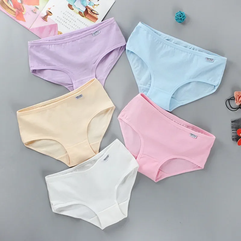 Girs Cotton Underwear Female Solid Color Briefs Low Waist Breathable Summer Students Panties 8-16years