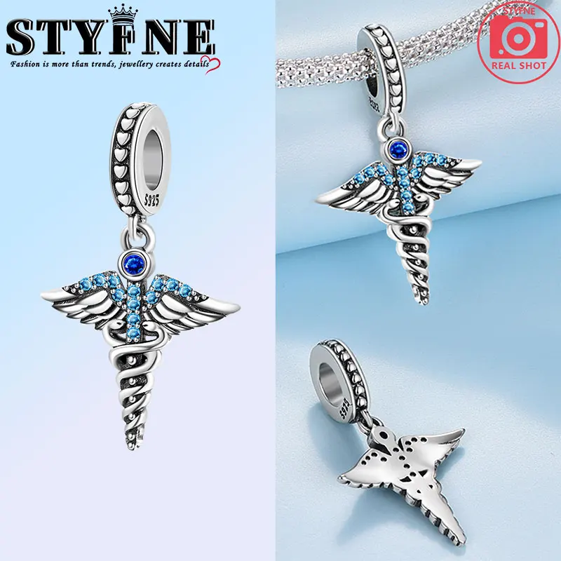 Symbols Beads 925 Sterling Silver Caduceus Health Symbol Blue Wings Double Serpent Pendant Charms Bracelets Jewelry Gift