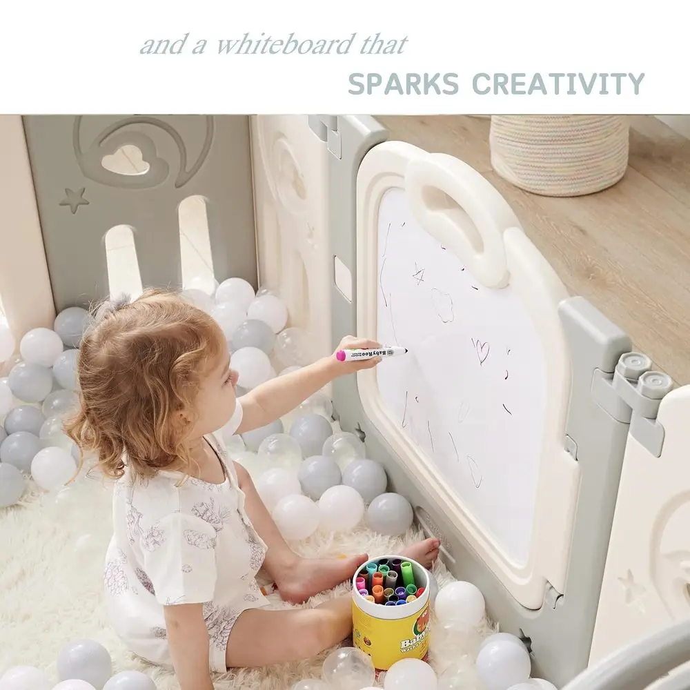Gray 14-Panel Foldable Playpen with Whiteboard and Activity Wall, Safe Baby Play Yard for Indoor and Outdoor Use