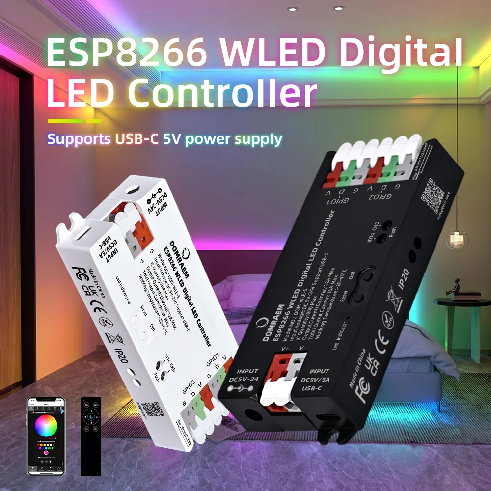 DOMRAEM DIY ESP8266 WLED Digital LED Strip Controller USB-C5V/DC5-24V Powered Maximum 16A with Fuse 800IC WS2811/12B /05/APA102
