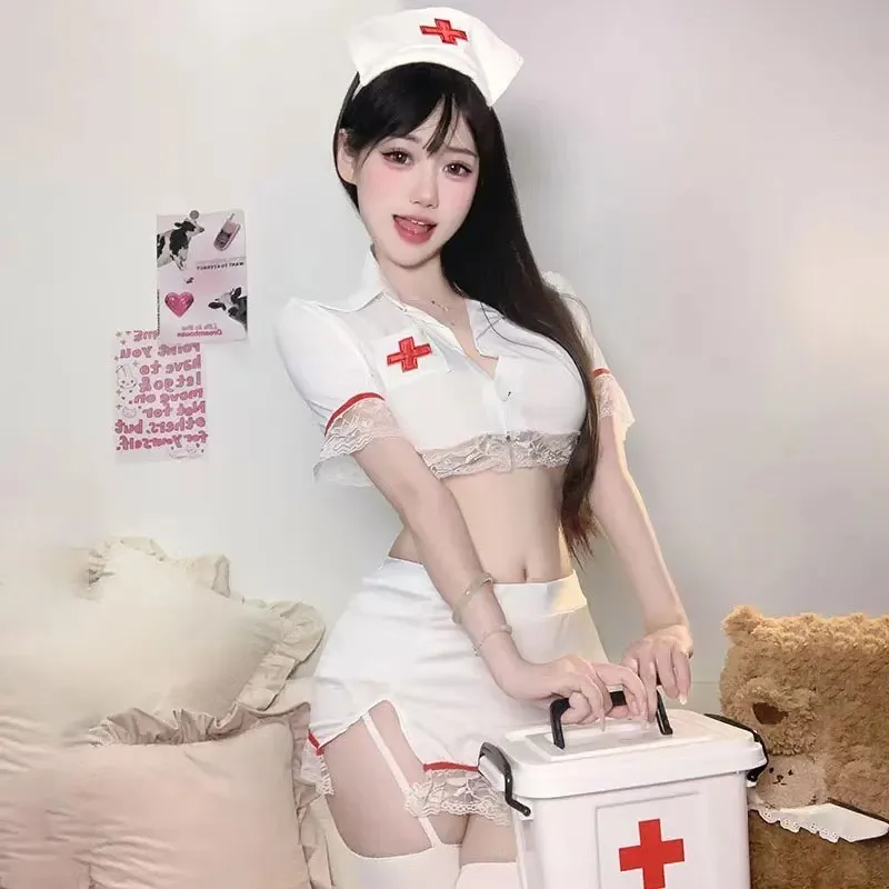

Japanese Nurse Cosplay Costume White Uniform Dress Cute Temptation Short Sleeve Skirt Sexy Suit for Women Role Play Sweet Outfit