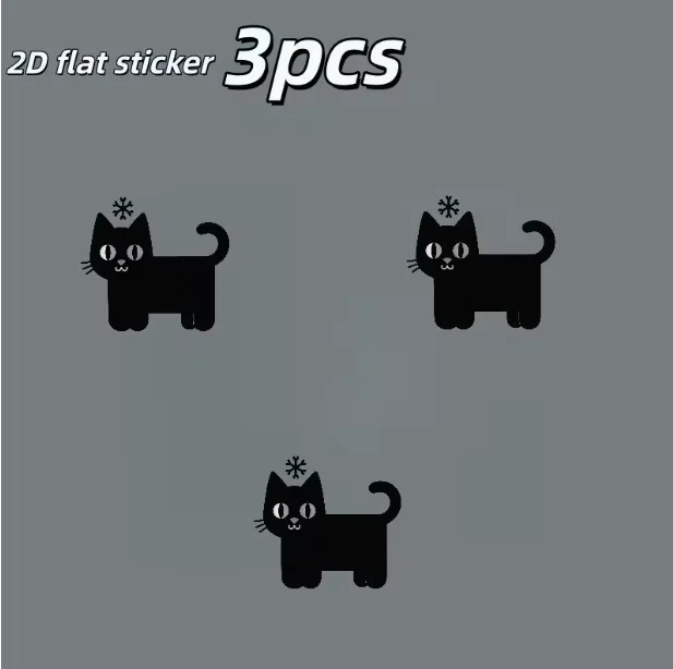 3 2D Black and White Simple Cat Illustration Car Stickers |   Pure Black Background with a White Outline of a Cat, Round Big Eyes, Wavy Mouth, Three Whiskers, Pointed Ears, Snowflake Symbol on the Head, Curved Tail, Rounded Little Paws, Rectangular Torso.
