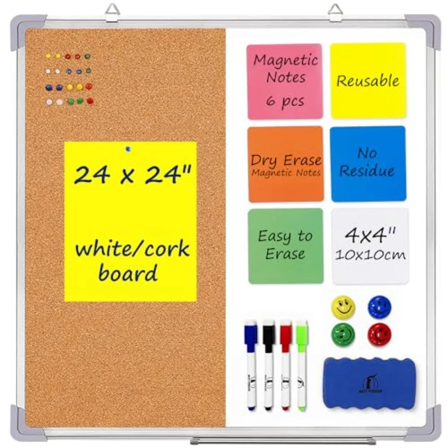 

Доска-пин-борд и маркерная доска 2-в-1, 24 x 24 дюйма, настенная, для сухого стирания, с маркерами, магнитами, кнопками и многоразовыми элементами
