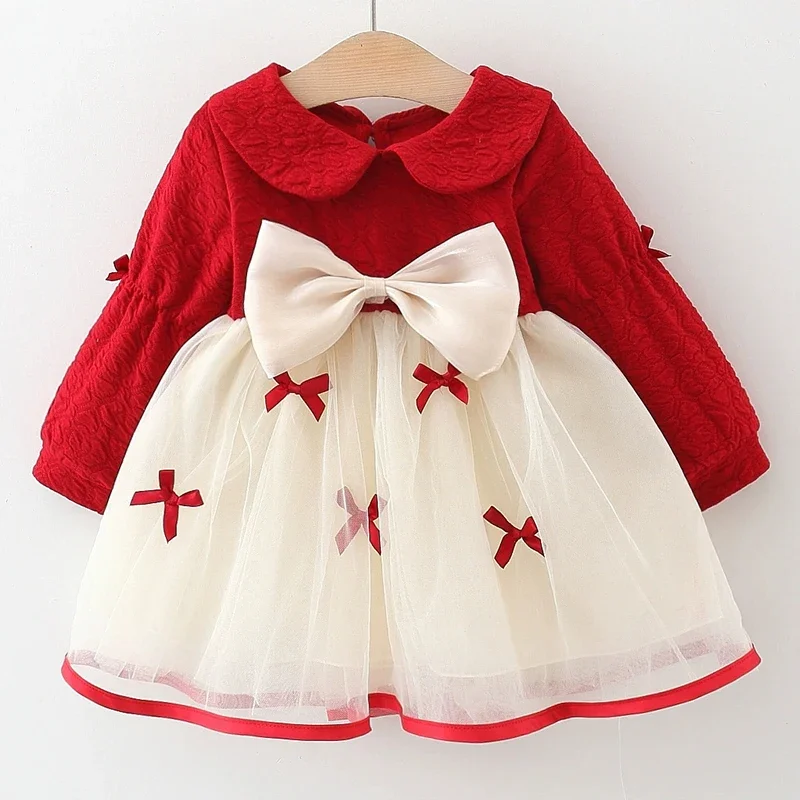 

Spring Autumn Girls Dresses Korean Cute Doll Collar Bow Mesh Cotton Long Sleeve Red Toddler Birthday Dress Baby Clothing BC2086