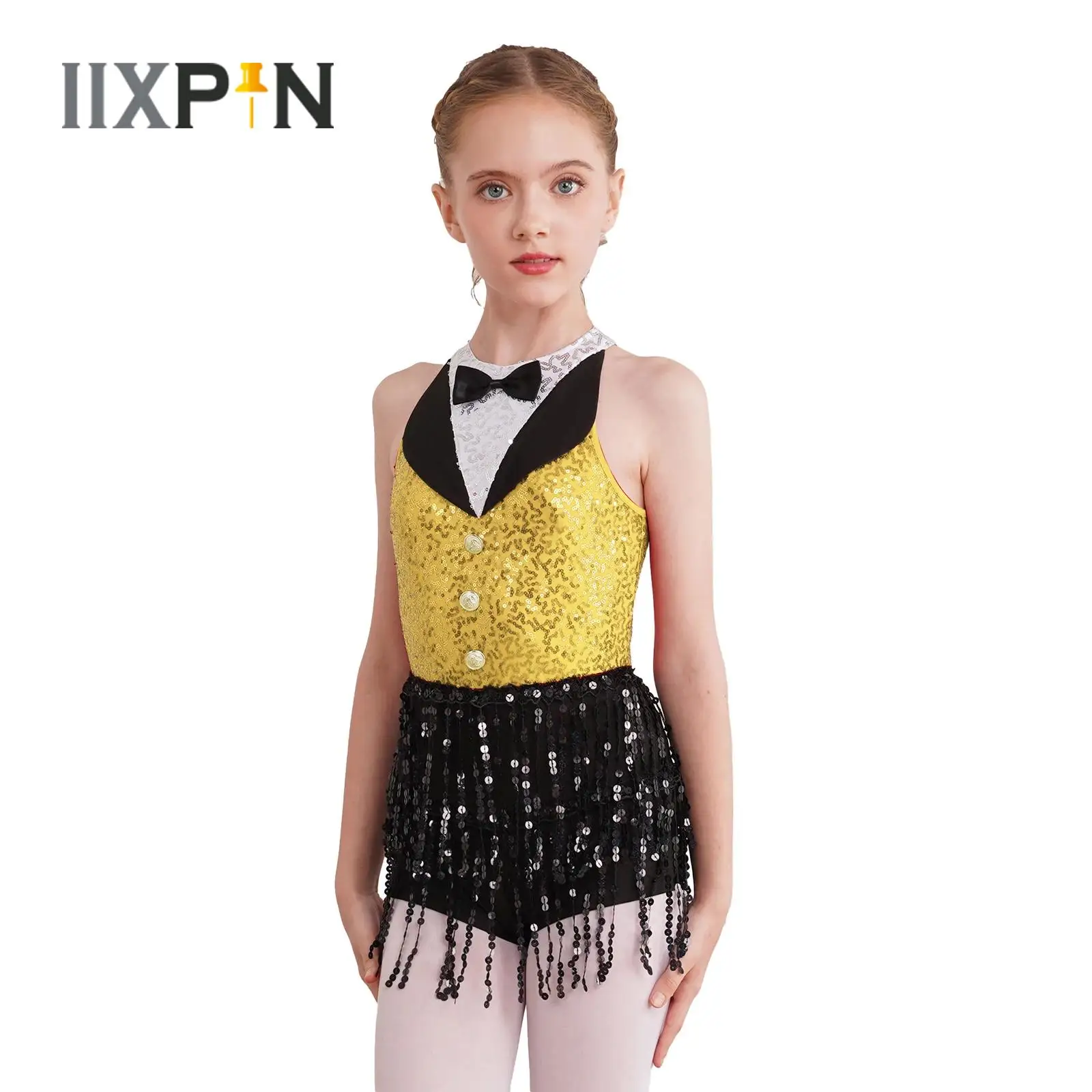 

Kids Girls Sequins Latin Jazz Dance Dress Sleeveless Shiny Sequin Tassel Leotard Bodysuit Boyshorts Ballroom Cha-Cha Dancewear