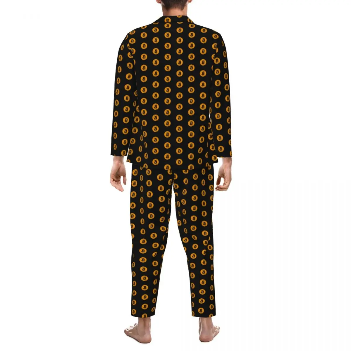 Bitcoin Print Sleepwear Autumn Digital Currency Money Aesthetic Oversize Pajama Set Man Long Sleeve Cute Room Printed Nightwear