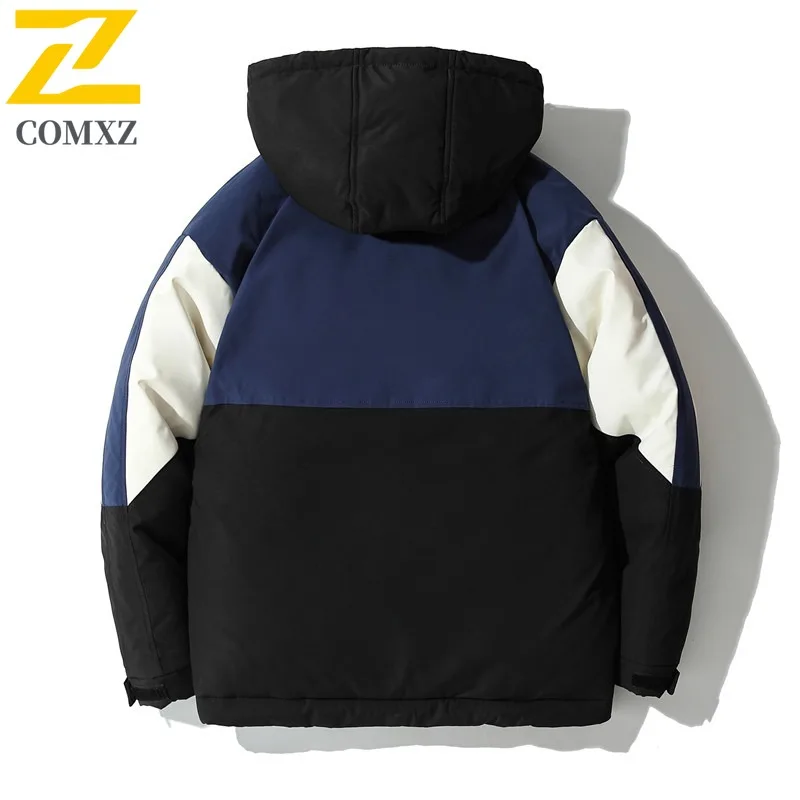 เสื้อโค้ทพัฟเฟอร์ผู้ชาย COMXZ รุ่นใหม่ แบบมีฮู้ด ตัดต่อผ้า สำหรับกิจกรรมกลางแจ้ง กันลม เหมาะสำหรับการเดินทาง ปีนเขา ป้องกันความหนาว