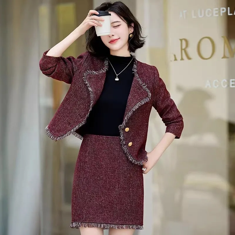 High Quality French Vintage Small Fragrance Two Piece Set Women Outfit Tweed Jacket Coat + Skirt 2 Piece Suits Conjuntos Cortos