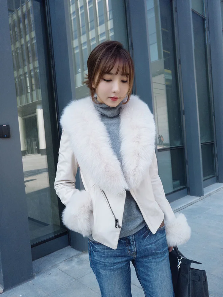 2023 New Real Leather Jackets Women Spring Autumn Genuine Sheepskin Coat Female Fox Fur Collar Women's Clothing Casaco