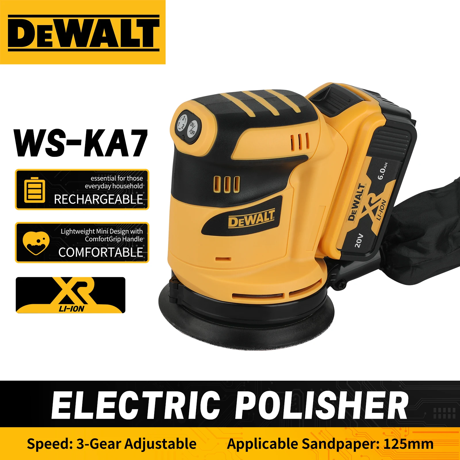 

DeWalt WS-KA7 XR LI-ION Electric Polisher Rechargeable Lightweight Mini ComfortGrip 3-Gear 125mm Sandpaper for Car Detailing