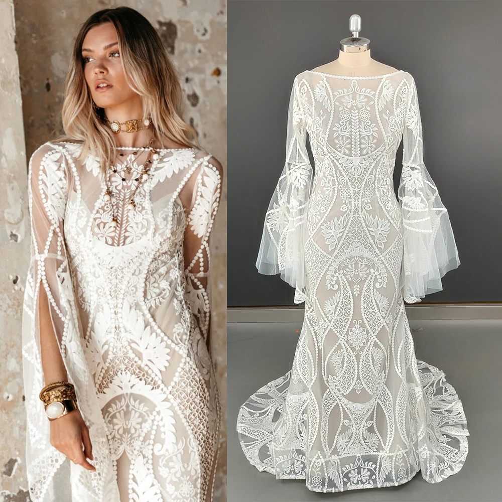 Long Flare Split Sleeves Allover Lace Boho Wedding Dress Customized Open Back Mermaid Embroidery Flowers Boat Neck Bridal Gown