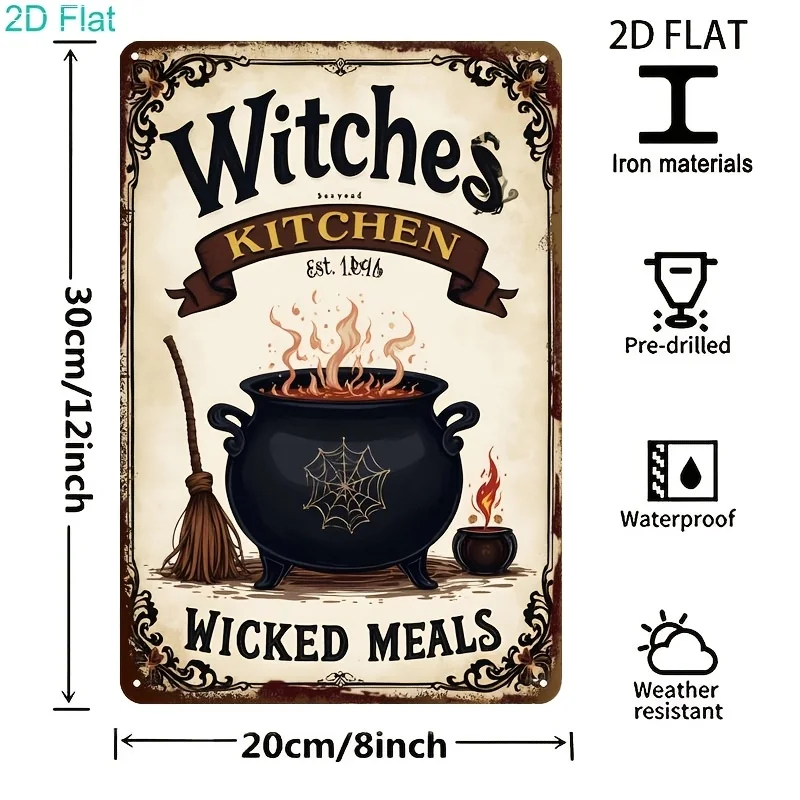 2D Flat, [2D Flat ] Witches Kitchen Sign, Halloween Vintage Metal Tin Signs, Retro Wall Art Decor, Funny Witchy Decor, Bar, Cafe