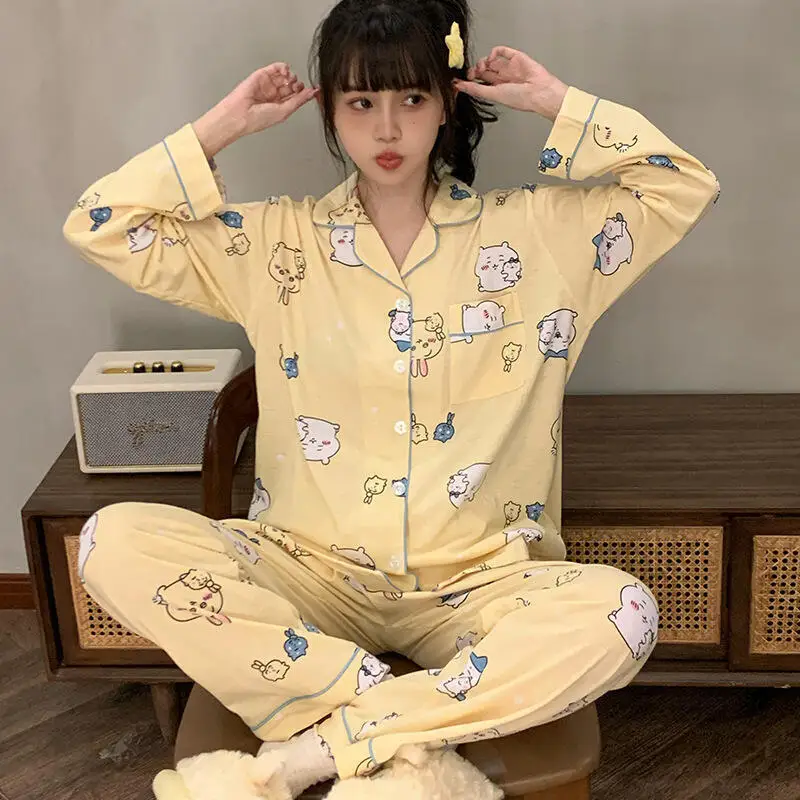 Hot Anime Chiikawa Women's Pajamas Cartoon Kawaii Girl New Sleepwear Cotton Home Wear Pajamas Set Woman Student Comfort Pijama