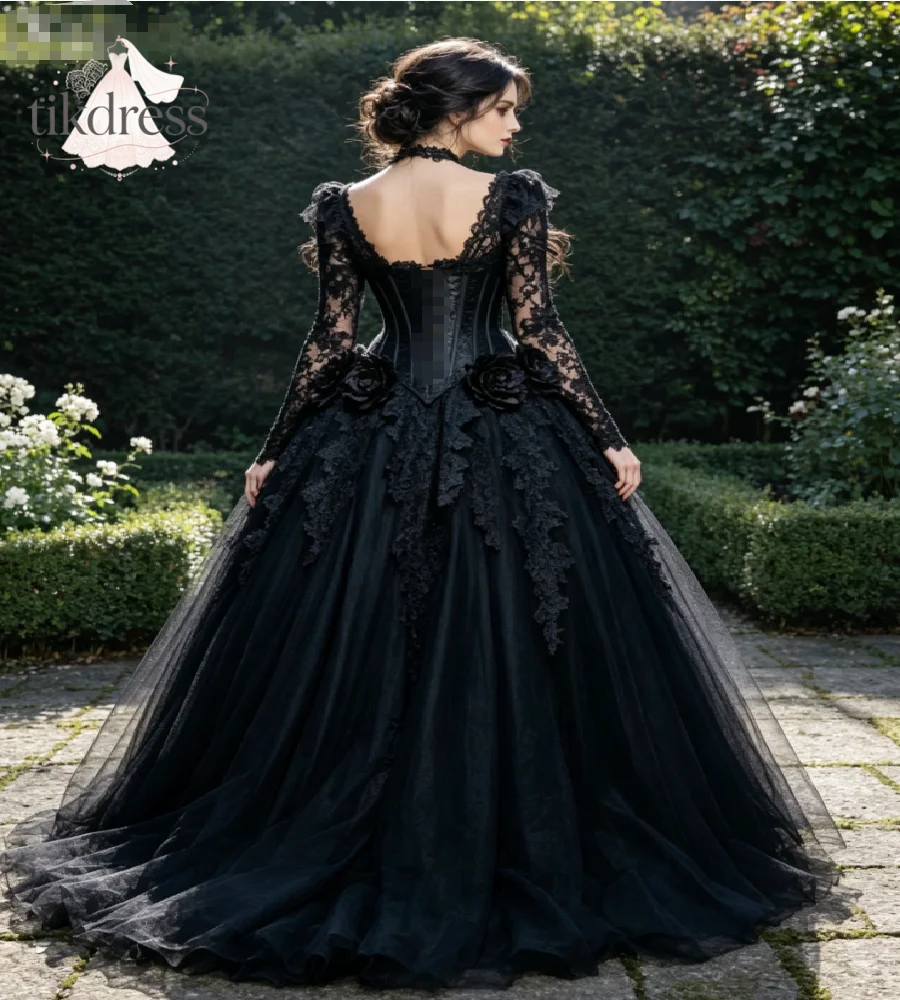 Victorian Black Gothic Wedding Dress 2027 Long Lace Sleeve Corset Bodice 3D Black Rose Appliques Bridal Gown Dark Romantic Party