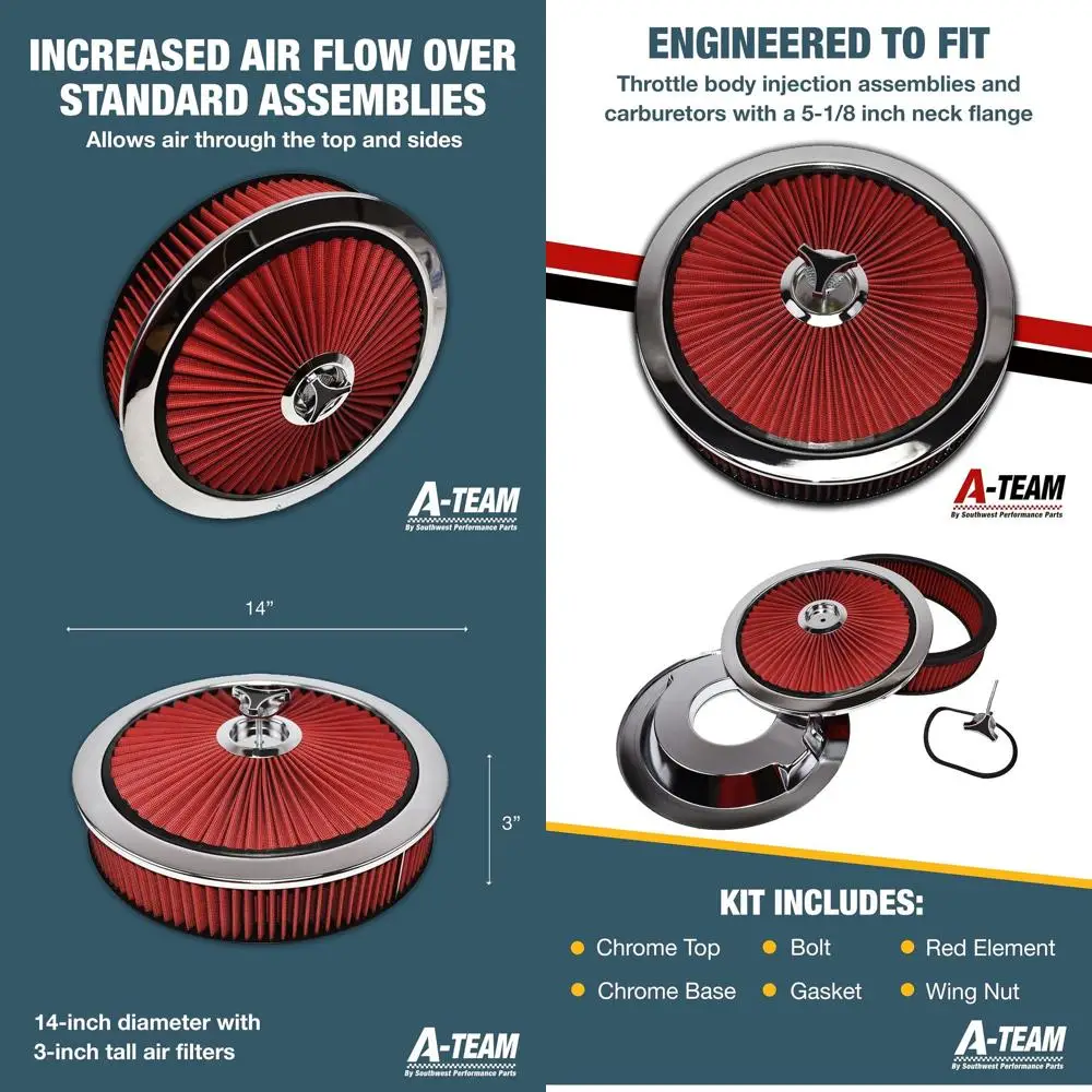 Filtro de Aire de 14x3 Pulgadas con Parte Superior e Inferior Cromadas en Rojo, Elemento Filtrante Rojo, Compatible con Varias Marcas