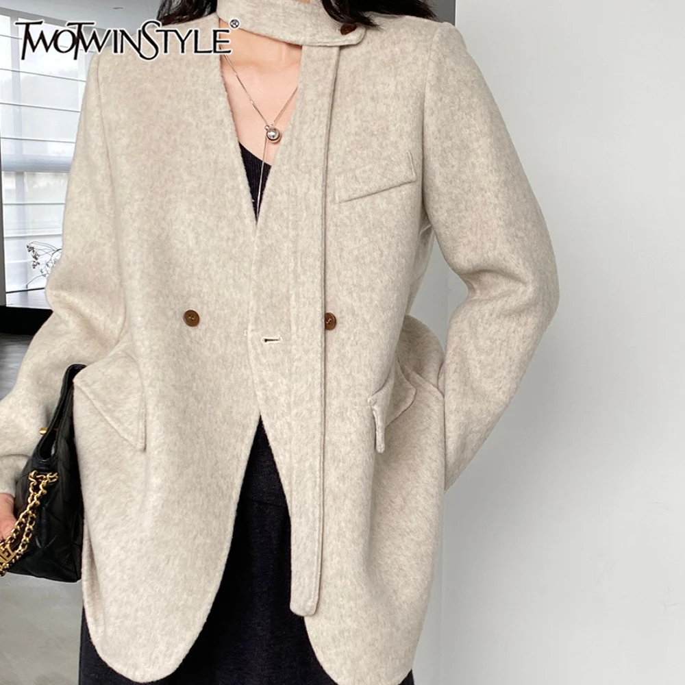 

TWOTWINSTYLE Solid Spliced Ribbon Jacket Female V Neck Long Sleeve Loose Korean Minimalist Women's Jackets Autumn Fashion New