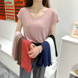 Camiseta de Modal con cuello en V para mujer, camisetas informales holgadas de manga corta, camisetas delgadas de fondo, tops que combinan con todo