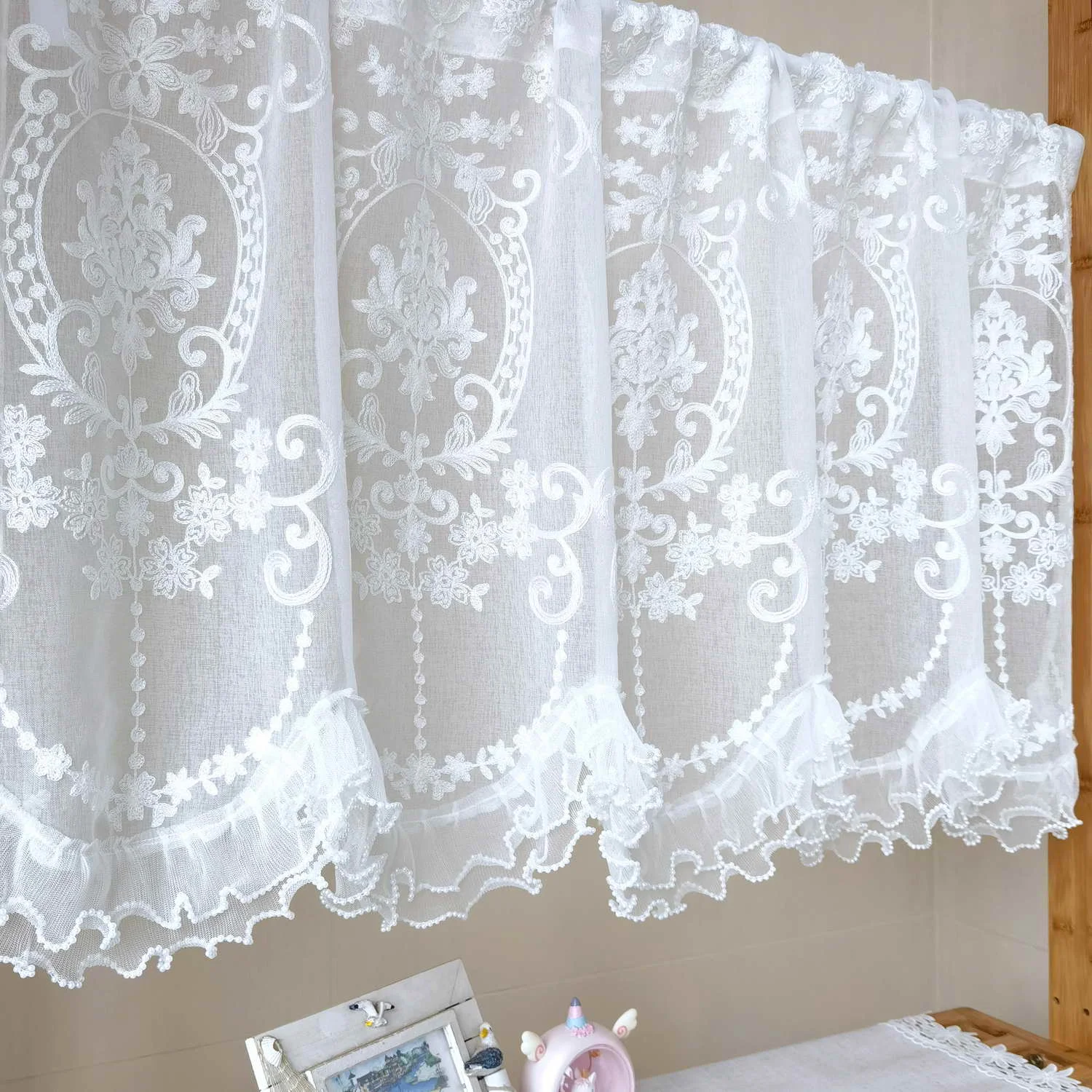 

1PCS White Romantic Floral Ruffled Sheer Embroidered Curtains for Kitchen Farmhouse Bedroom Bottom Pearl Lace Window Drapes
