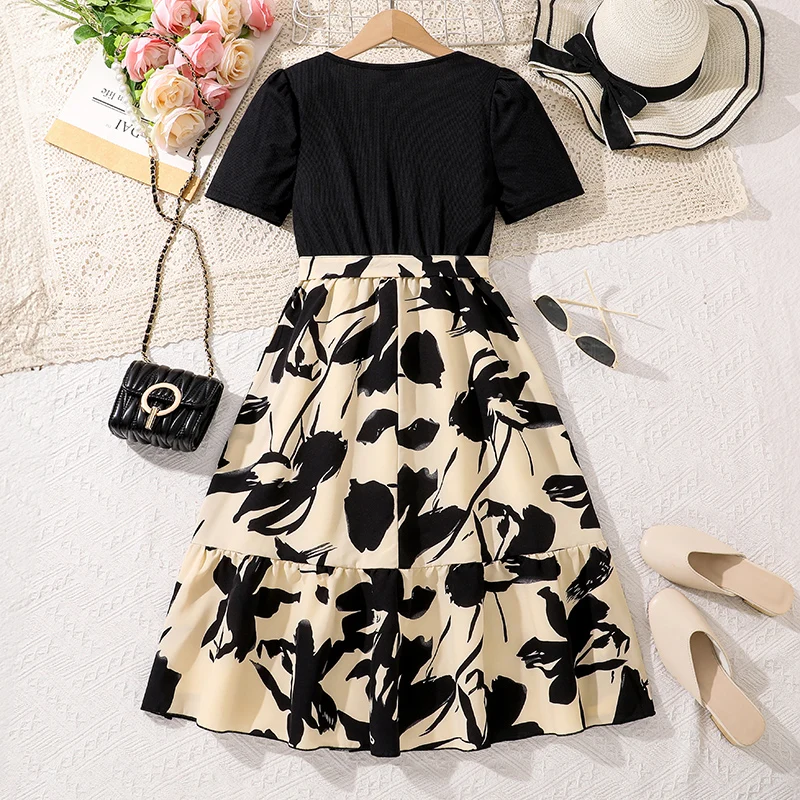 Korean Fashion Summer Children's Dress Black Short-Sleeved Floral Dress With Belt Comfortable Decent Dress For Party Or Vacation