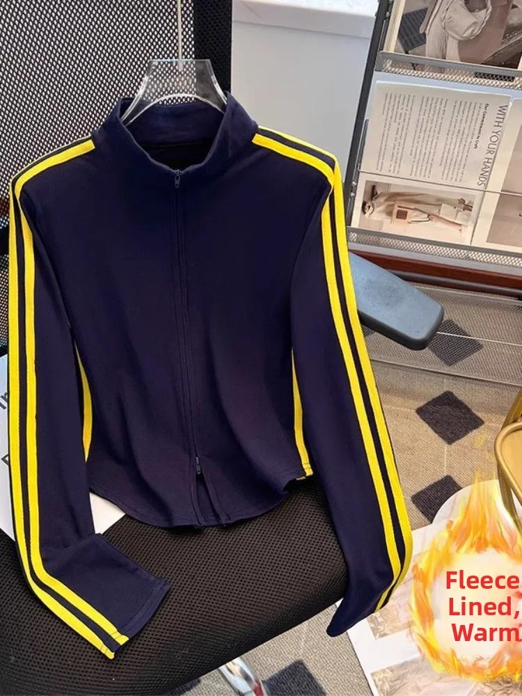 New Year Red Base Shirt Women's Zipper Stand Collar Flocking T-Shirt American Retro Striped Early Autumn Fashion Commute Style